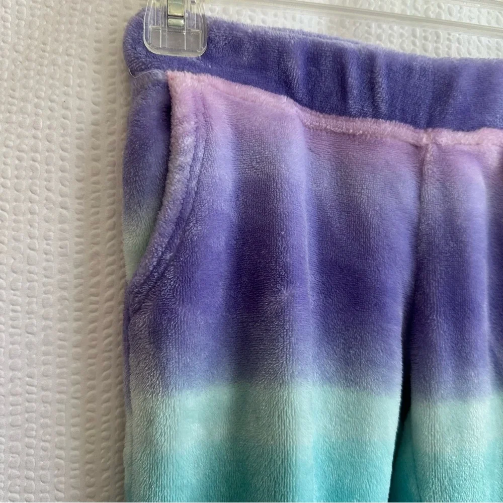 SO Girls Rainbow Stripe Plush Fleece Pajama Set Size 8 Purple Teal Pink Cozy